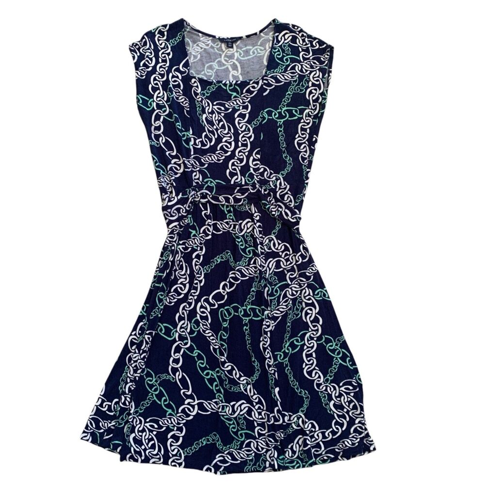 Land's End Dress SZ 10-12 Navy Beach Blue Teal Nautical Coastal Summer Stretch